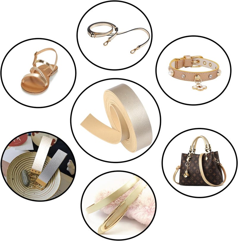 picheng Faux Leather Strap: 1 Inch Wide 100 Inches Long Leather Strips Soft Leather for DIY Craft Projects Leather Belt Strap Pet Collars Traction Ropes Tooling (Pearl Gold) - Image 4